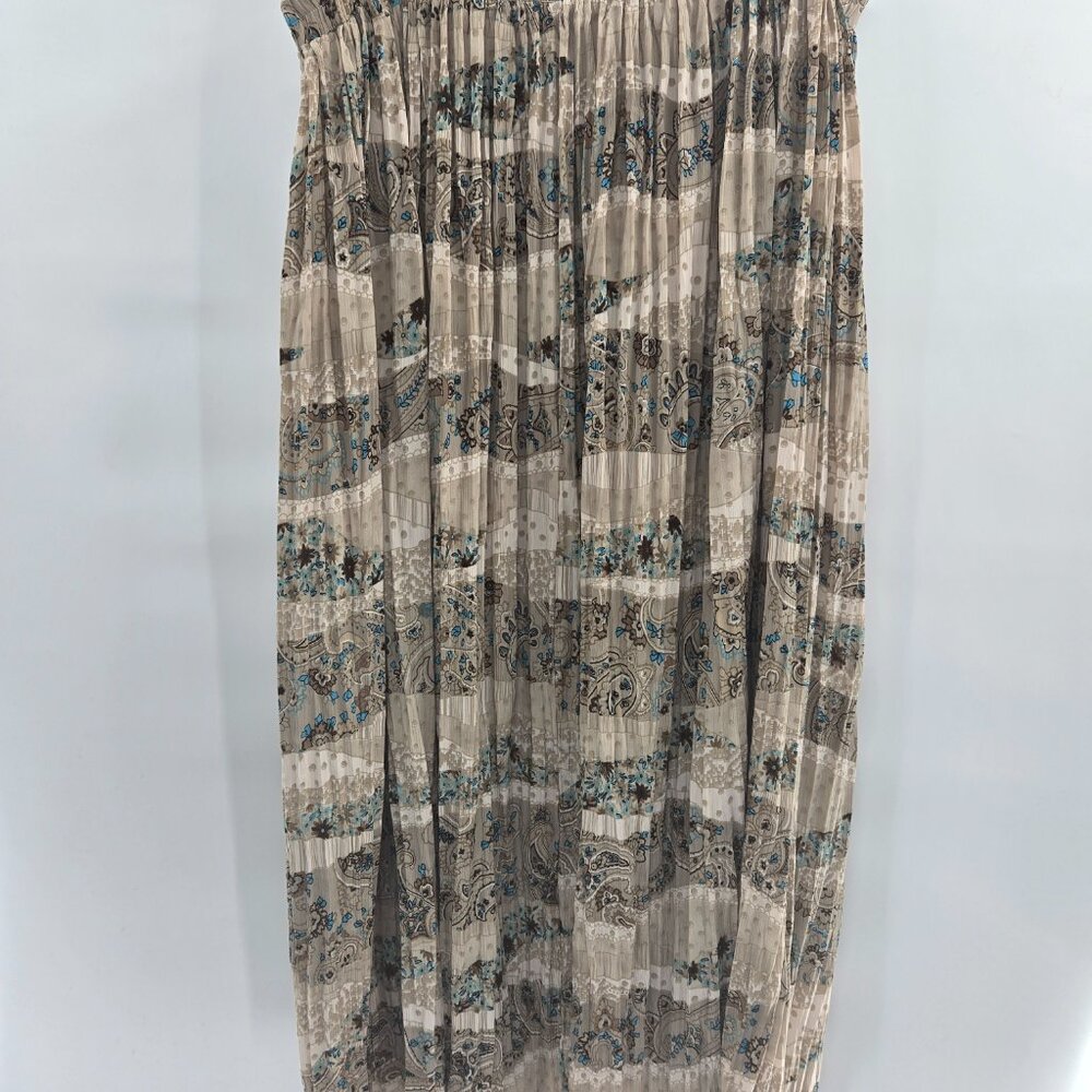 Coldwater Creek Cream Brown Boho Crinkle Elastic Waist Maxi Skirt Size XL